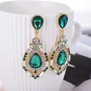 Opolski Women Earrings Teardrop Shape Big Drop Rhinestone Earrings Jewelry GREEN